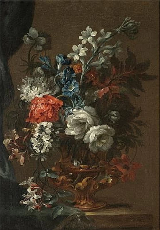 Una natura morta con un mazzo di fiori in un'urna di bronzo su una sporgenza di pietra - attribuito